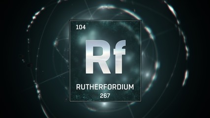 3D illustration of Rutherfordium as Element 104 of the Periodic Table. Green illuminated atom design background with orbiting electrons. Design shows name, atomic weight and element number