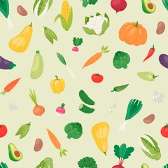 Organic vegetables vector seamless pattern. Healthy garden eco vegetables. Avocado, corn, squash, cucamber and tomato, eggplant, carrot and pepper. Organic food.