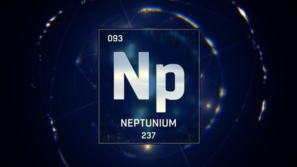 3D illustration of Neptunium as Element 93 of the Periodic Table. Blue illuminated atom design background with orbiting electrons. Design shows name, atomic weight and element number © remotevfx