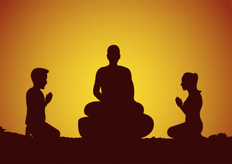 Buddhist woman and man pay respect to monk politely with faith and believe,silhouette style vector illustration