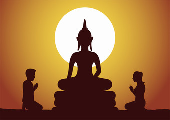 Buddhist woman and man pay respect to Buddha sculpture politely with faith and believe,silhouette style vector illustration