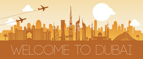 dubai famous landmark orange silhouette design,vector illustration