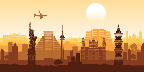  north america famous landmark silhouette style with row design on sunset time,vector illustration
