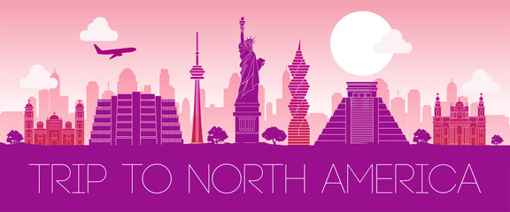 top famous landmark of North america,silhouette design pink color,vector illustration