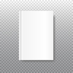 White blank book cover isolated on transparent background. Realistic closed vertical book mock up, magazine or notebook template for your design. In front side of book. Vector illustration