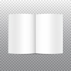 Vector mock up of open white blank book isolated on transparent background. Horizontal realistic magazine, booklet, brochure or notebook template for your design. In front side of book.