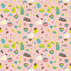 Food and dishes in kitchen. Vector cartoon seamless pattern