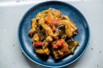 Turkish Food Saksuka with Eggplant with Tomatoes and Olive Oil. / Patlican Cigirtma.