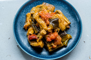 Turkish Food Saksuka with Eggplant with Tomatoes and Olive Oil. / Patlican Cigirtma.