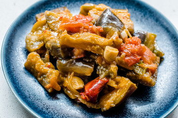 Turkish Food Saksuka with Eggplant with Tomatoes and Olive Oil. / Patlican Cigirtma.