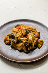 Turkish Food Saksuka with Eggplant with Tomatoes and Olive Oil. / Patlican Cigirtma.