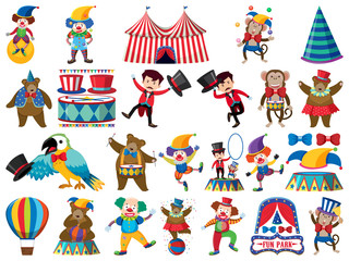 Naklejka premium Large set of isolated objects of circus