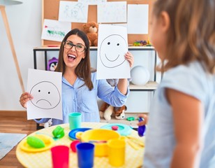 Young therapist woman speaking and treating child, counselor and behaviour correction at pedagogue payroom showing happy and sad faces