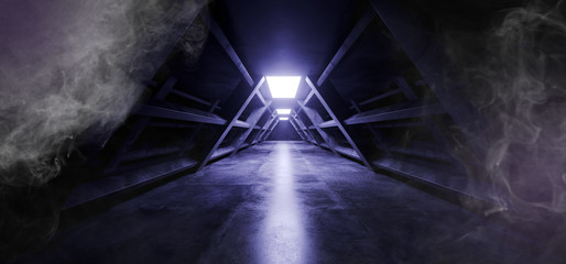 Smoke Fog Sci Fi Concrete Futuristic Triangle Construction Stage Tunnel Alien Spaceship Corridor Dark NIght Led Laser Blue Lights Glowing 3D Rendering