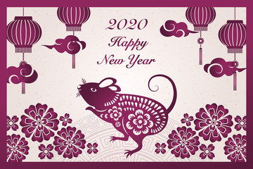 2020 Happy Chinese new year of retro purple traditional frame rat flower lantern and cloud