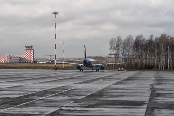 Airplane at the terminal gate ready for takeoff