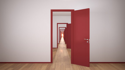 Empty white and red architectural interior with infinite open doors, endless corridor of doorway, walkaway, labyrinth. Move forward, opportunities, future, concept with copy space