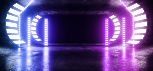 Led Neon Purple Blue Oval Concrete Sci Fi Futuristic Modern Garage Hallway Underground Dark Night Studio Tunnel Corridor Empty Space Background Grunge White 3D Rendering