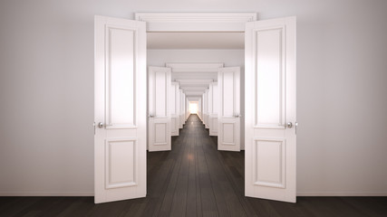 Empty white and gray architectural interior with infinite open doors, endless corridor of doorway, walkaway, labyrinth. Move forward, opportunities, future, concept with copy space