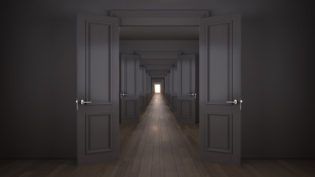 Empty Dark Architectural Interior With Infinite Open Doors, Endless Corridor Of Doorway, Walkaway, Labyrinth. Move Forward, Opportunities, Business, Future, Concept With Copy Space