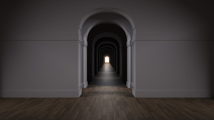 Empty dark architectural interior with infinite arch doors, endless corridor of doorway, walkaway, labyrinth. Move forward, opportunities, business, future, concept with copy space