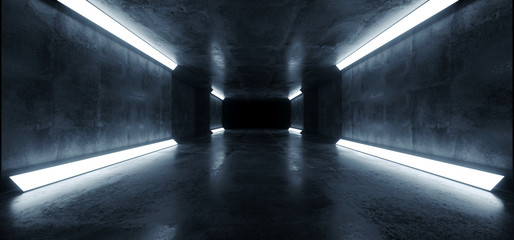 Sci Fi Futuristic Concrete Reflective Studio Stage Tunnel Underground Corridor Hallway Led Lights Glowing White Blue Dark Night Space Background 3D Rendering