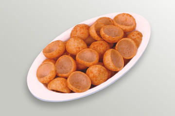 Fried and Spicy Moon Cup, Vatka, Katori, Moon Chips, Snacks or Fryums (Snacks Pellets) White background. selective focus - Image