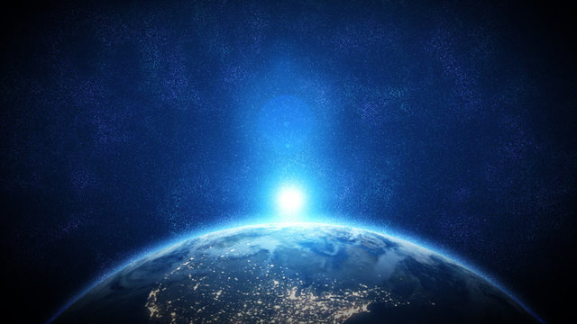 World and sun realistic 3D rendering. Shiny sunlight over Planet Earth, cosmos, atmosphere. Shot from Space satellite