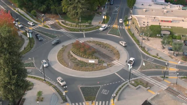 Aerial over a traffic circle or roundabout in Healdsburg, a winemaking region of Napa Valley. California, USA. 7 November 2019