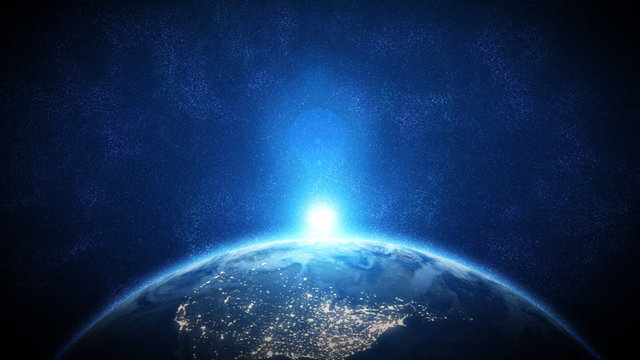 World and sun realistic 3D rendering. Shiny sunlight over Planet Earth, cosmos, atmosphere. Shot from Space satellite