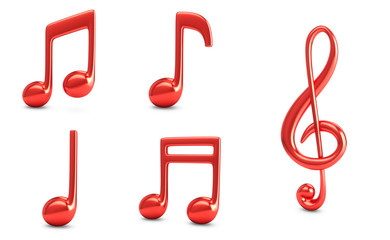 3d Rendering Set Red Music Notes isolated on white background