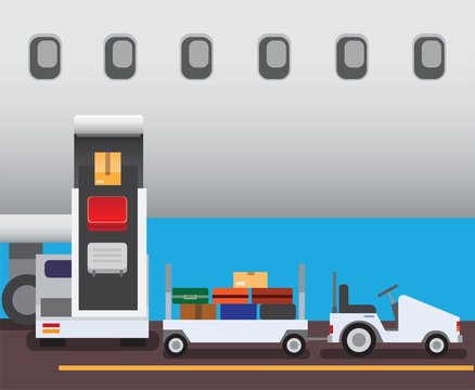 airport conveyor truck loading bags to airplane in flat illustration vector