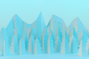 Winter paper landscape with mountains and pine trees - 303127187