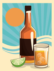 whiskey bottle and glass over retro style of sunset background design