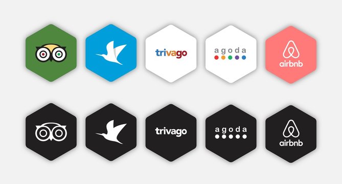 Social network travelling application icon, social media logos of TripAdvisor, Traveloka, Trivago, Agoda, Airbnb