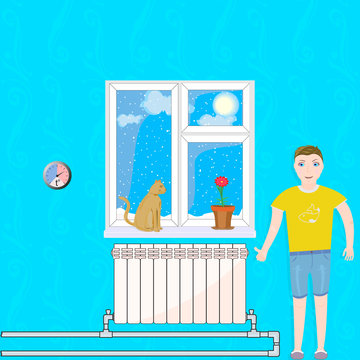 Illustration shows the warm and happiness in the home when heating system works well. 