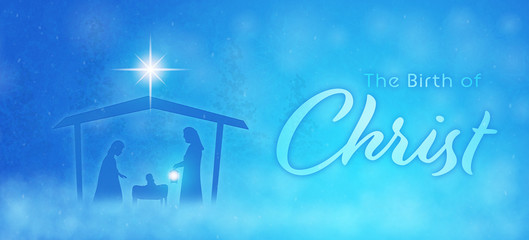 Christmas time. Manger with baby Jesus, Mary, Joseph and star of Bethlehem. Text : The Birth of Christ