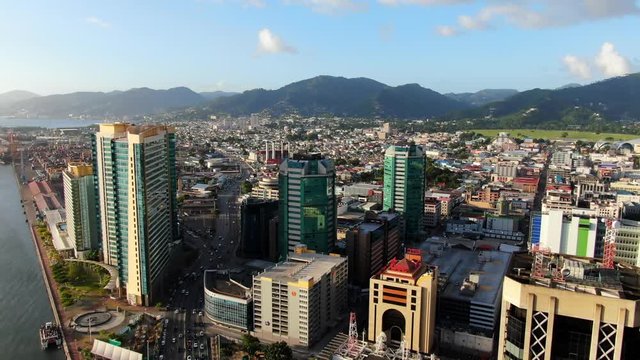 Aerial view of the skyscrapers of Port of Spain. Business and government buildings in the center of the capital of Trinidad and Tobago.coast line of the seafront and port.