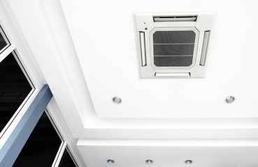 Lighting and ceiling mounted air conditioner on the modern office ceiling