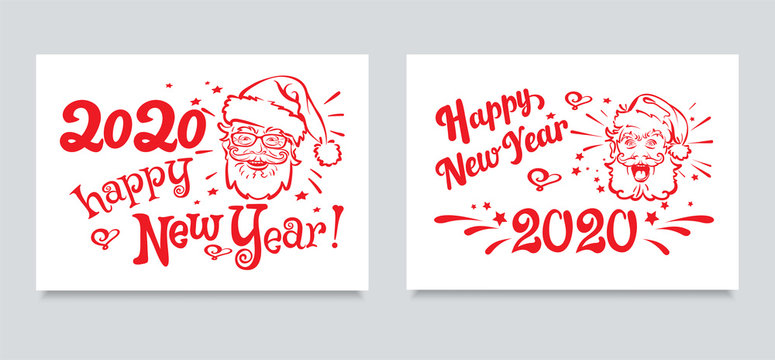 Christmas cards. Two cute images on a white background. Happy emotional Santa Claus on a white background Big caption - 2020 Happy New Year. Template for design: New Year's pictures, banners, posters