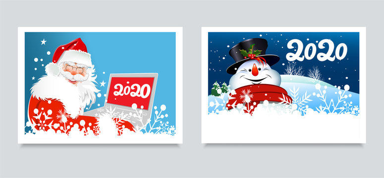 Christmas cards for your design. Two cute images with happy Santa Claus and a merry snowman on blue. Santa with a laptop. Snowman on a background of a winter forest. Template for: greeting card