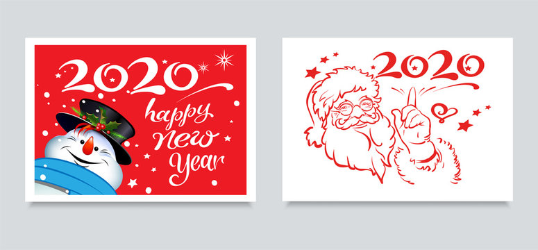 Christmas cards for your design. Two cute images with happy Santa Claus and a merry snowman on red. Big Caption - 2020 Happy New Year. Template for: greeting cards, posters,  invitations. Vector.