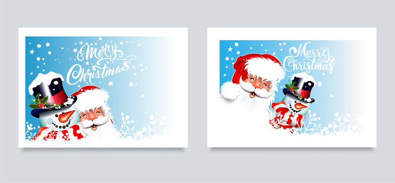 Christmas cards for your design. Two cute images with happy Santa Claus and merry snowman on a blue background. Caption: Merry Christmas. Template for design: greeting cards, banners, posters. Vector