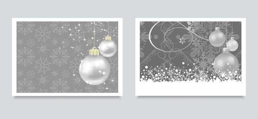 Christmas cards, banners for your design. Two images with silver balls on gray background in retro style. Template for New Year cards, posters, invitations. Vector graphic.