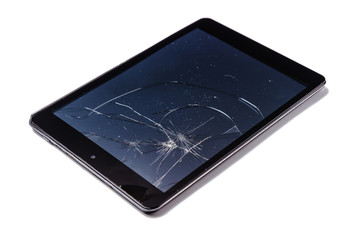 White and black tablet computers with broken display on isolated white background.