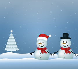   Romantic snow pair in winter. Vector illustration of a Christmas tree. Christmas Eve scenery