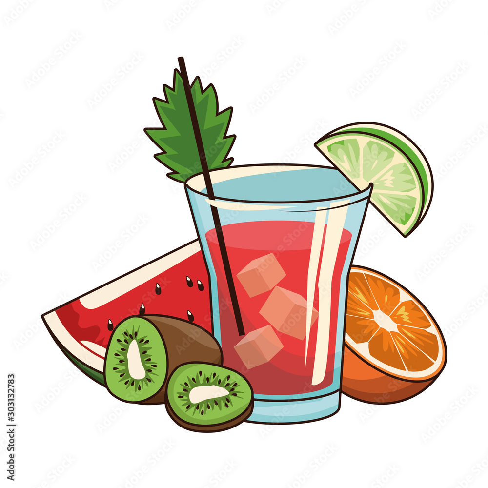 Sticker tropical fruits and liquor shot, colorful design