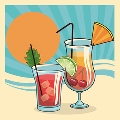 tropical cocktails over retro style of sunset background design