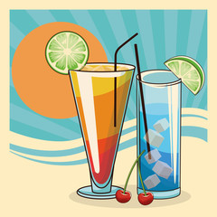 tropical cocktails over retro abstract sunrise background
