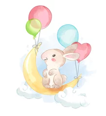 Glasschilderij Dieren met ballon cartoon konijn op de maan met kleurrijke ballonnen